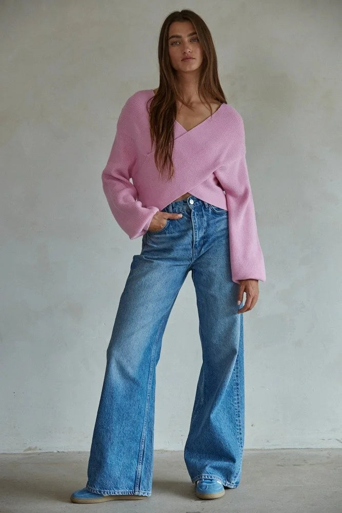 Pink Knit Overlap Sweater