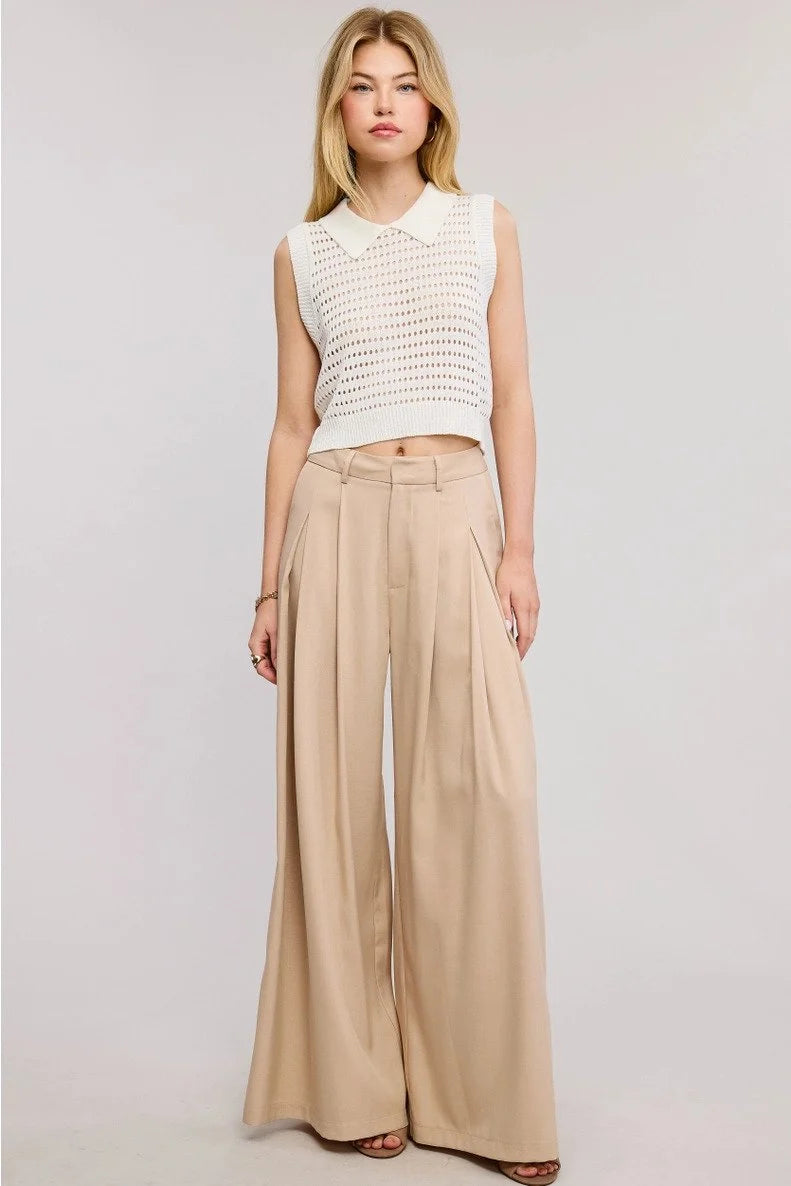 KHAKKI WIDE-LEG PLEATED TROUSER PANTS