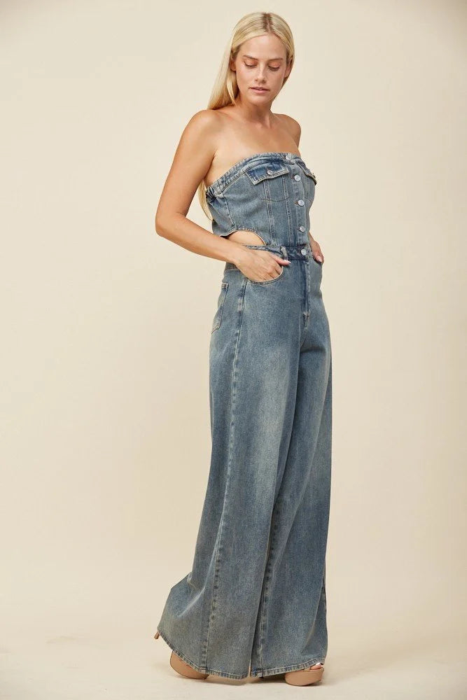 Denim Tube Jumpsuit with Cutout Detail