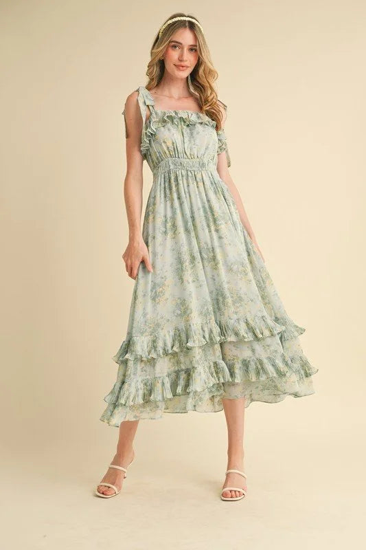 Mint Ruffle Floral Midi Dress