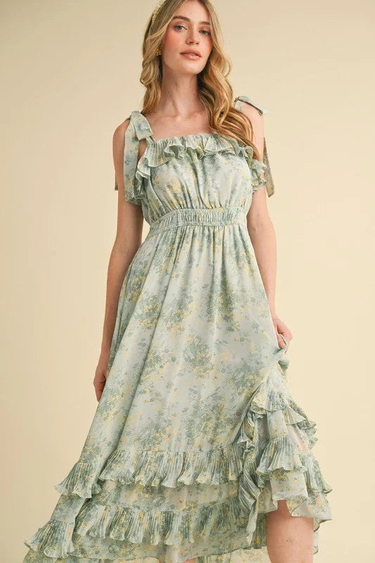 Mint Ruffle Floral Midi Dress