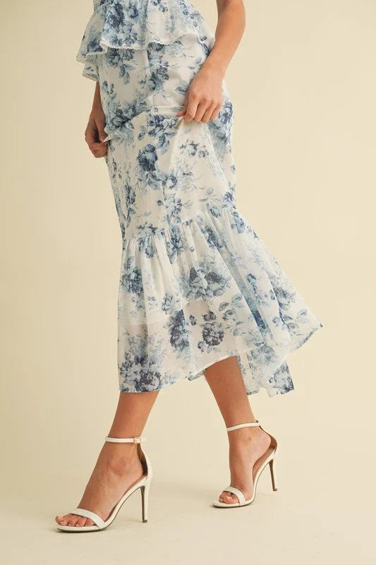 Floral Peplum Bustier Midi Dress