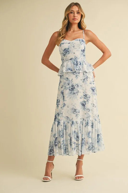 Floral Peplum Bustier Midi Dress