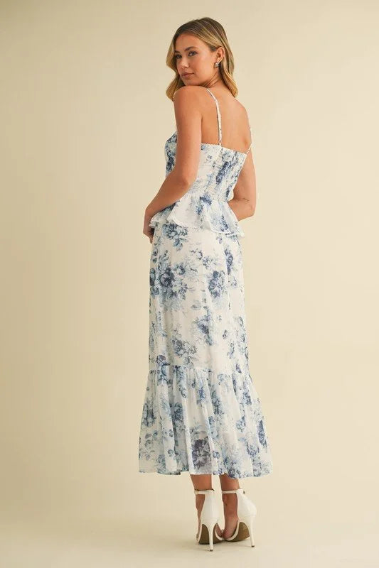 Floral Peplum Bustier Midi Dress