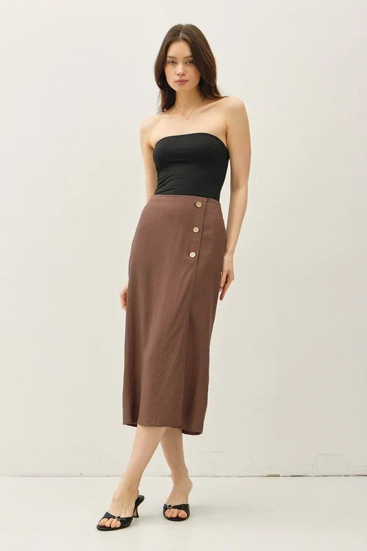 Brown Linen Blend Wrap Skirt