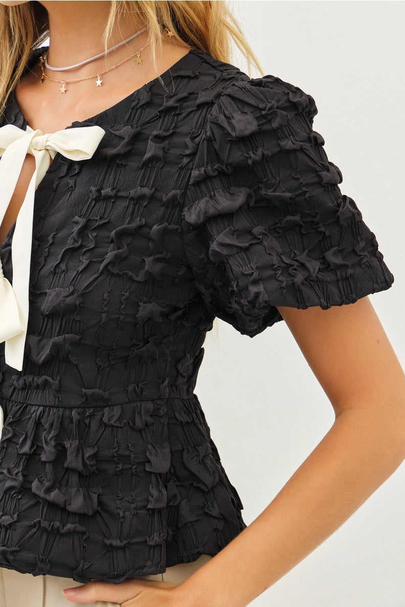 Babydoll Textured Bow Peplum Top