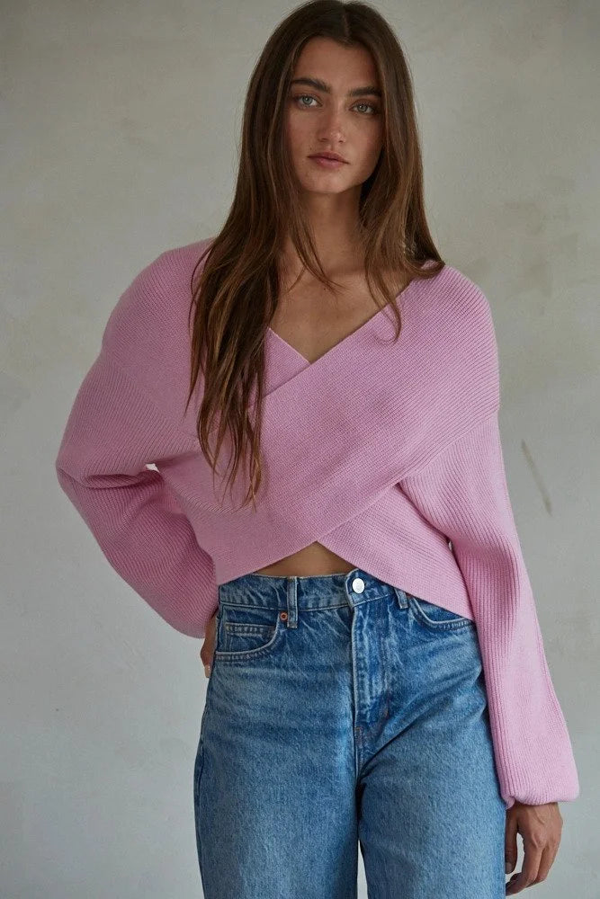 Pink Knit Overlap Sweater