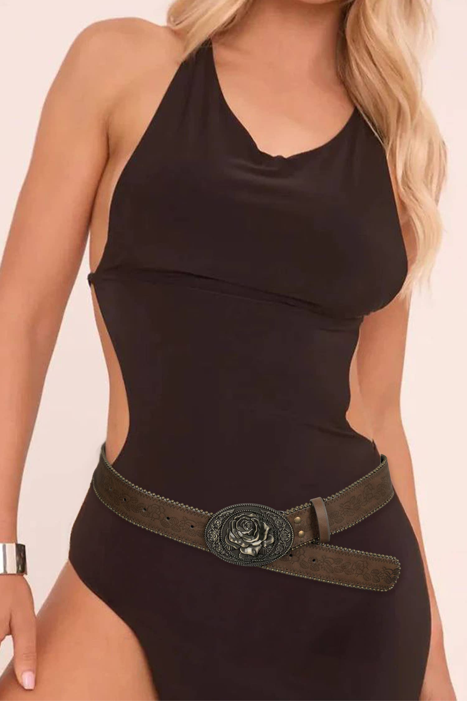 Flower Buckle Bead Trim Embossed Belt