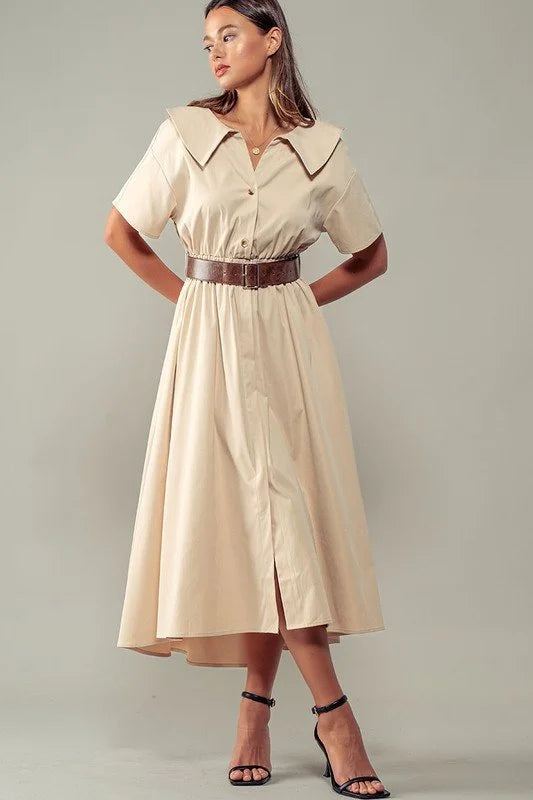 Peter Pan Collar Belted Midi Dress