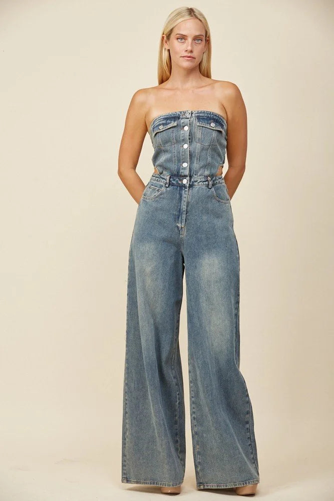 Denim Tube Jumpsuit with Cutout Detail
