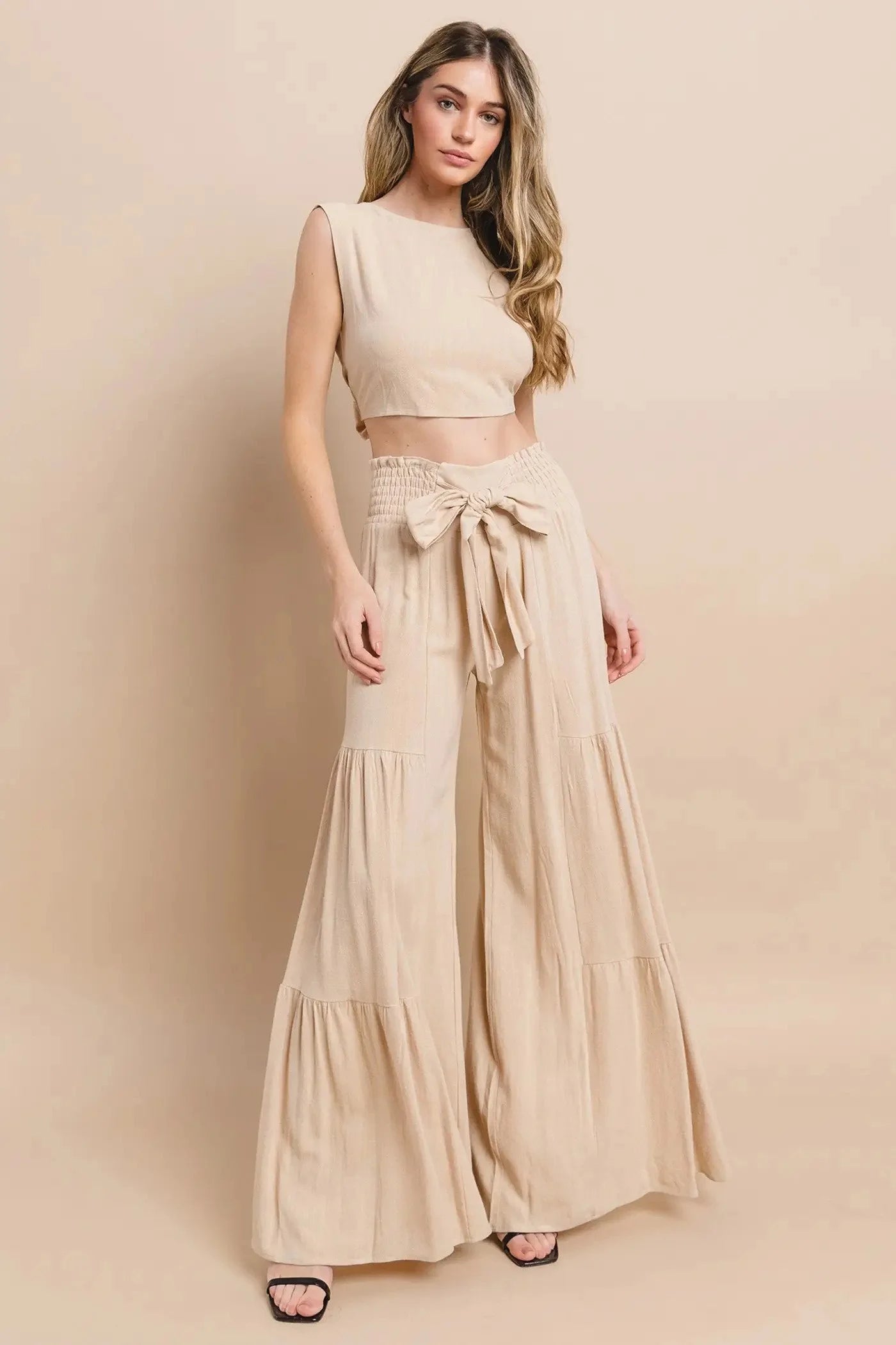 Boho Wide Leg Linen Palazzo Pants with Waist Sash