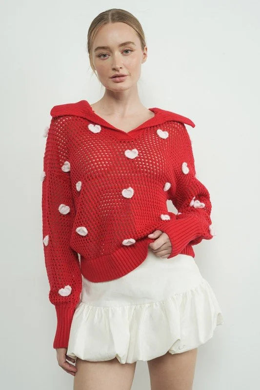 Crochet Heart Embellished Sweater