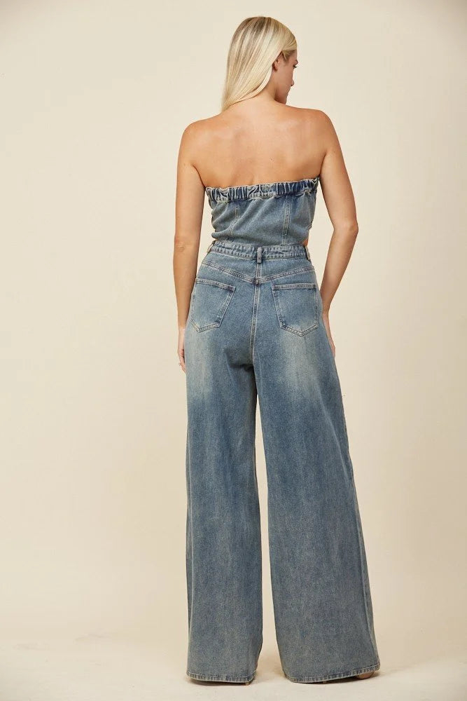 Denim Tube Jumpsuit with Cutout Detail