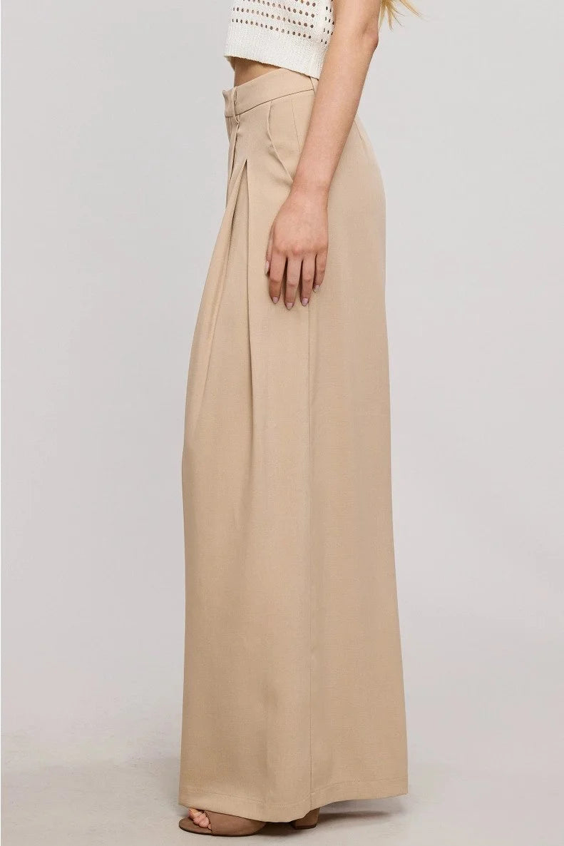 KHAKKI WIDE-LEG PLEATED TROUSER PANTS