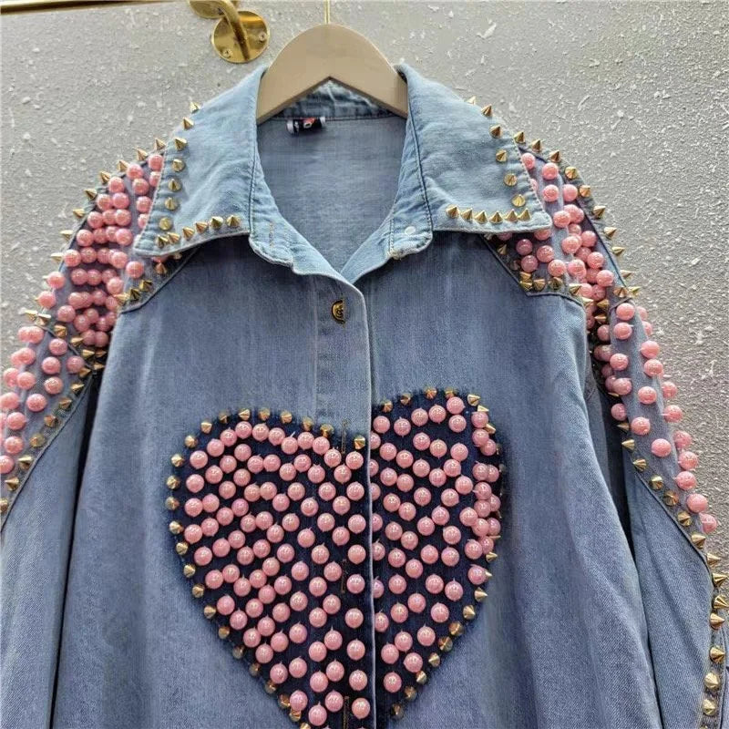 Chic Retro Love-Beaded Denim Jacket