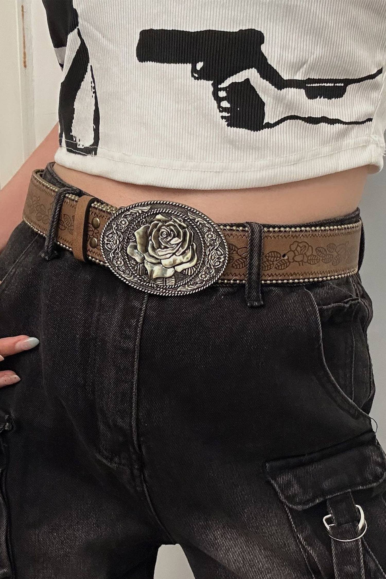 Flower Buckle Bead Trim Embossed Belt