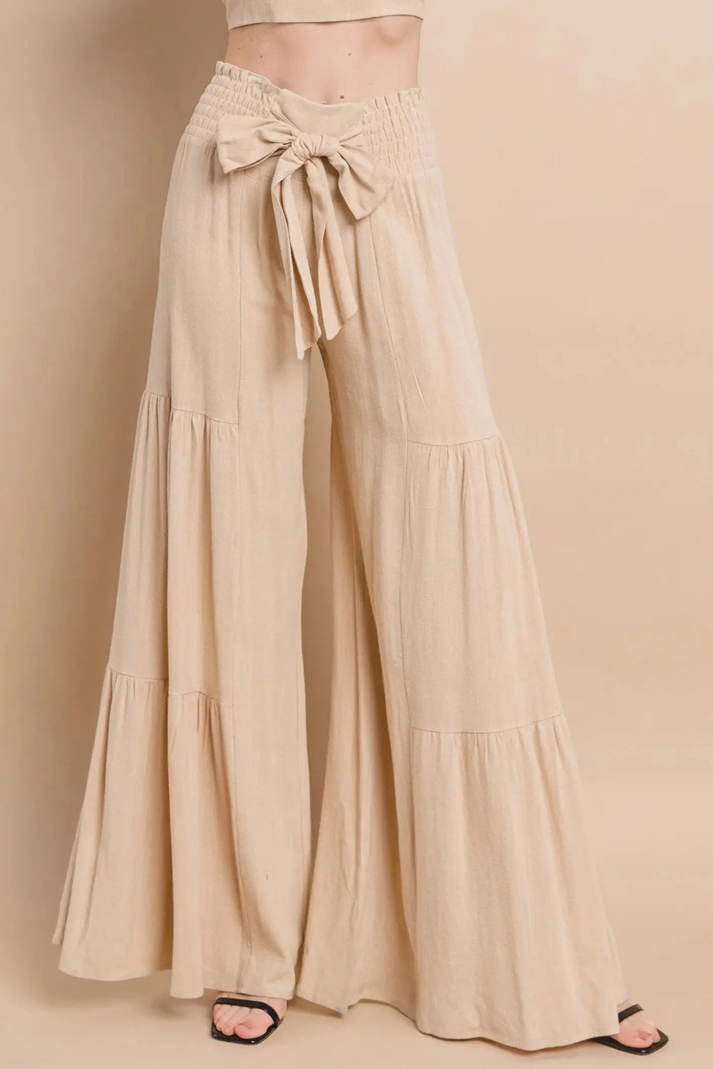 Boho Wide Leg Linen Palazzo Pants with Waist Sash