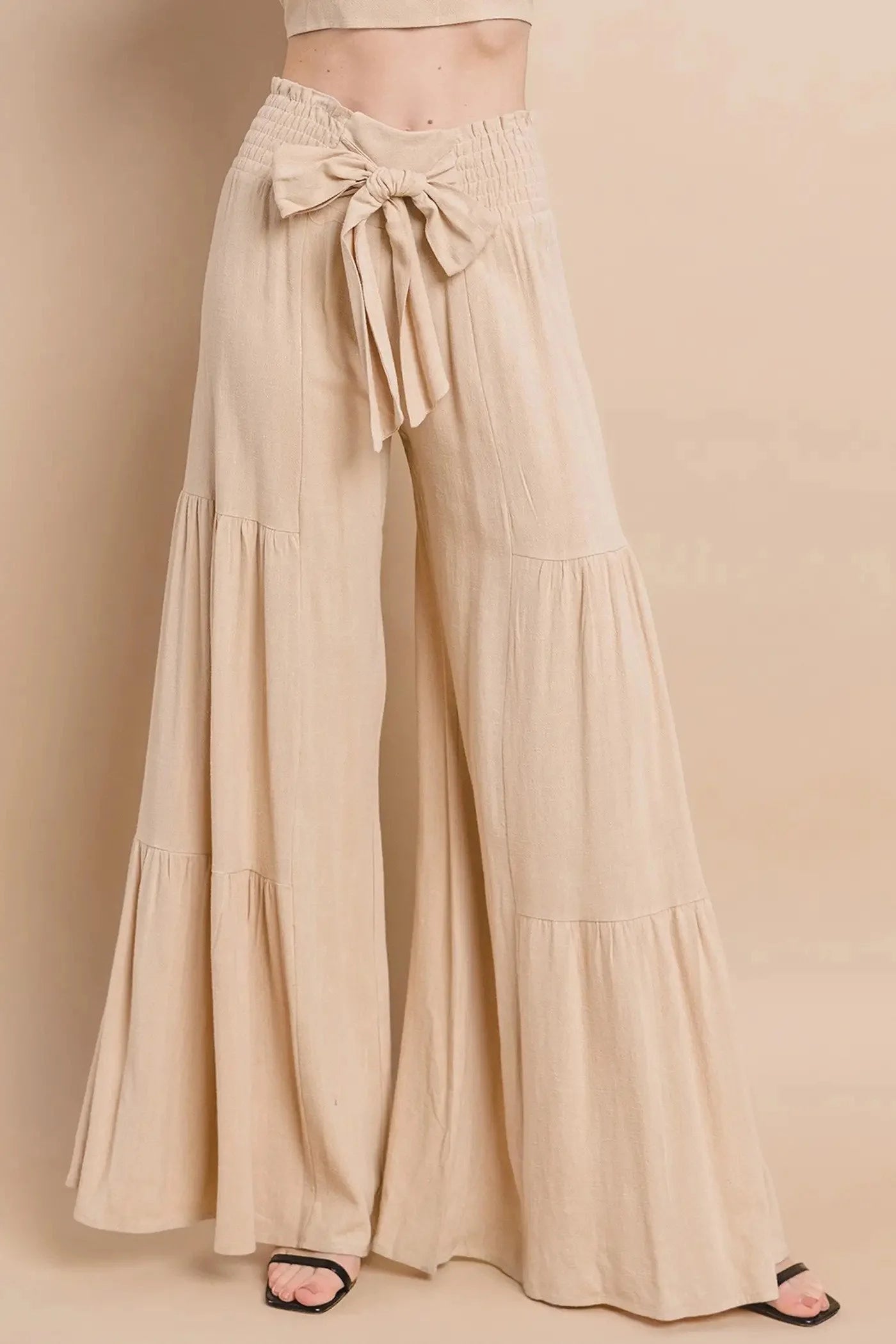 Boho Wide Leg Linen Palazzo Pants with Waist Sash