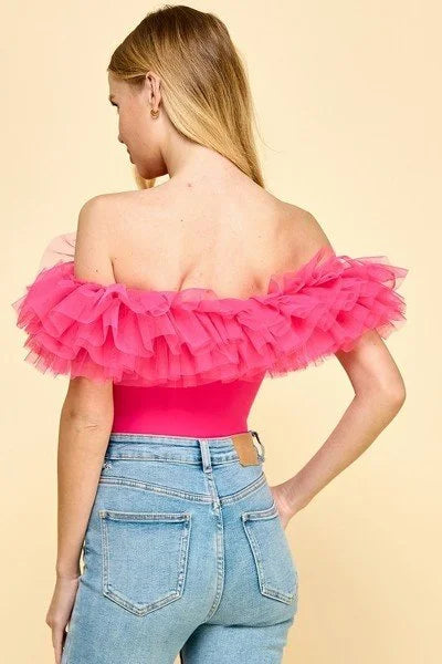 Off Shoulder Bodysuit Tulle Detail