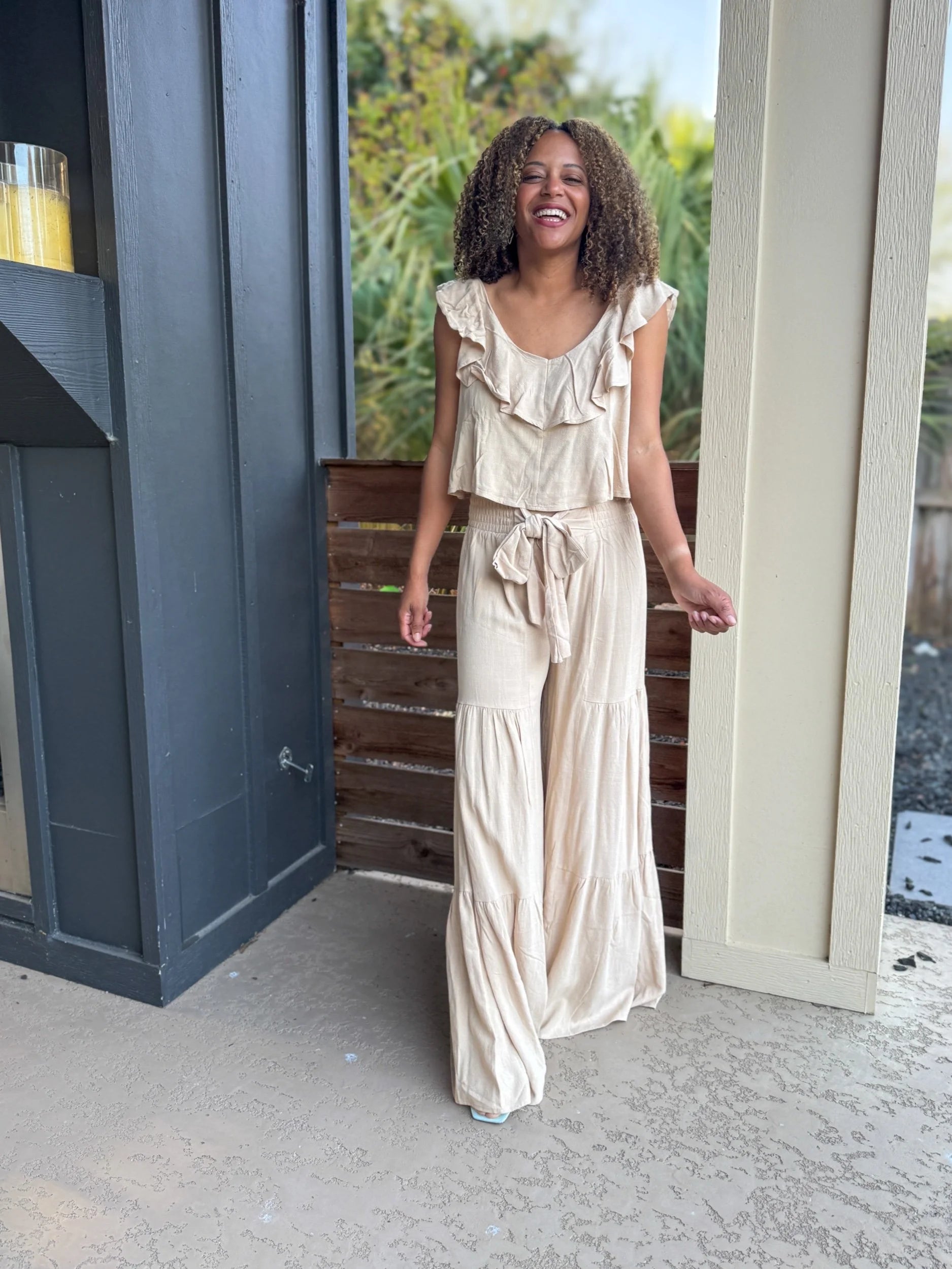 Boho Wide Leg Linen Palazzo Pants with Waist Sash