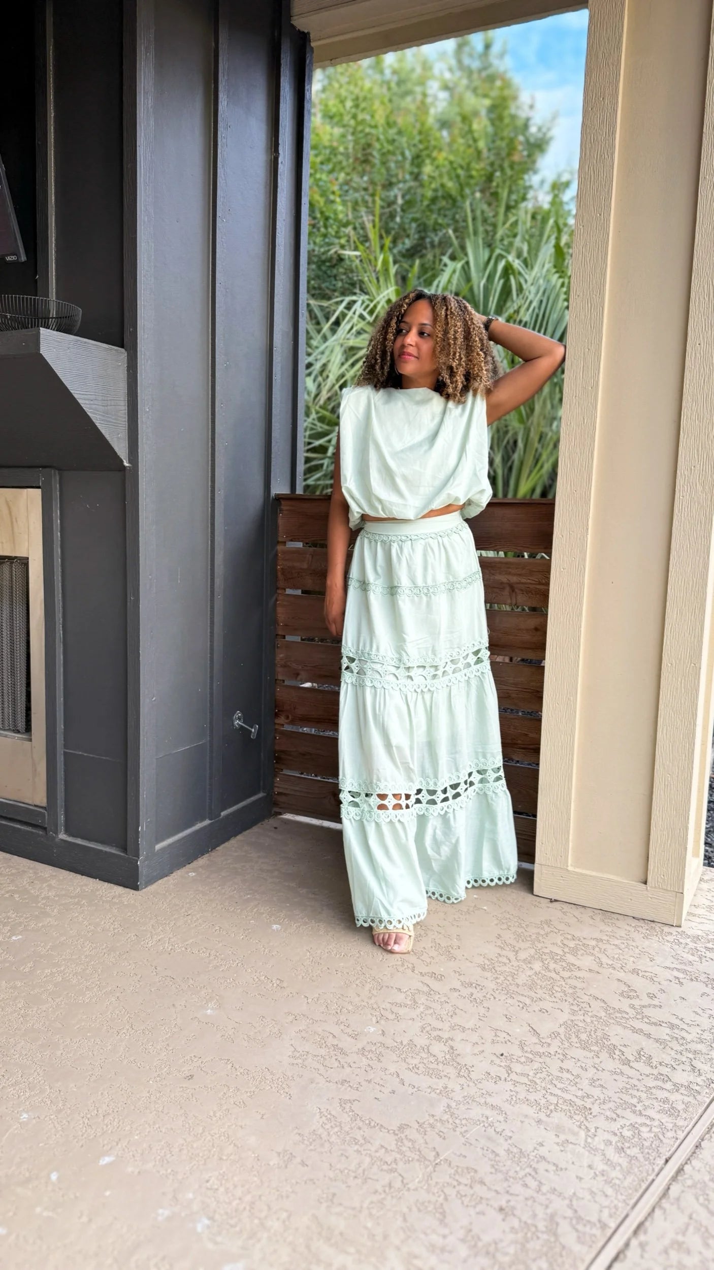 Bubble Top and Lace Trimmed Maxi