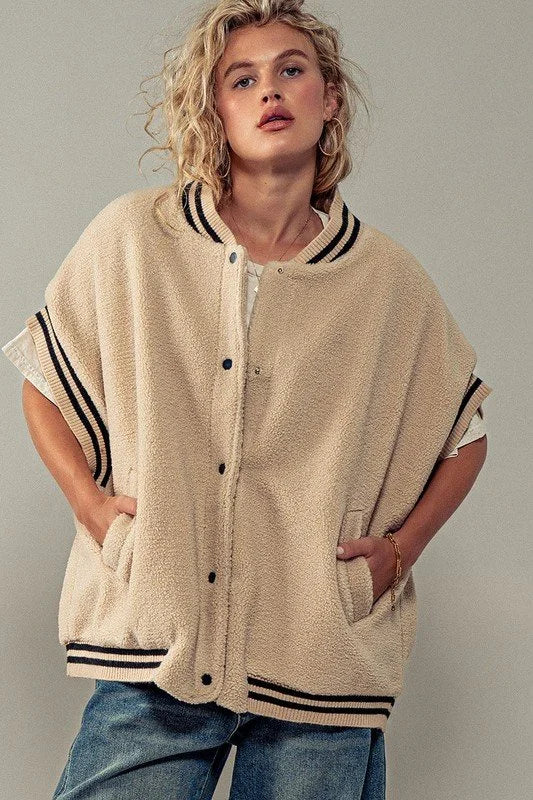 Fuzzy Varsity Vest - Taupe/Pink & Green