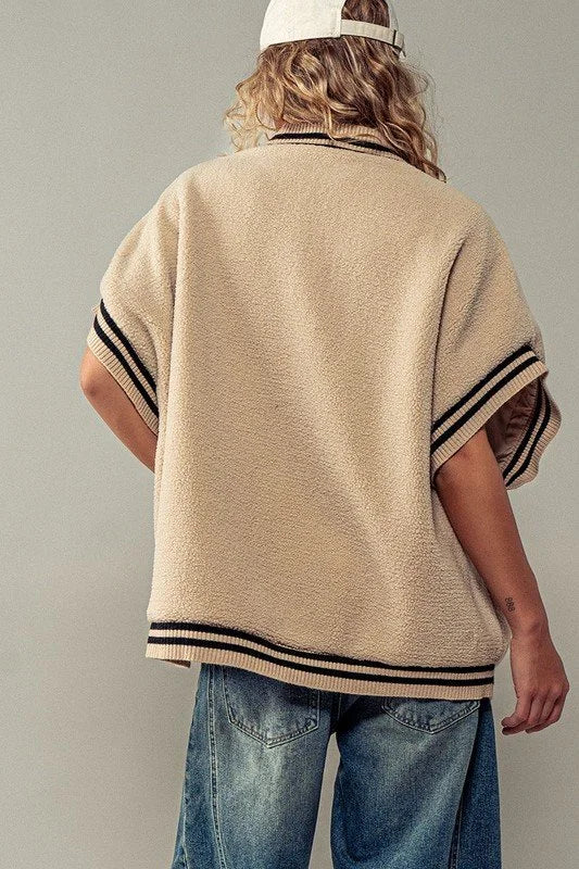 Fuzzy Varsity Vest - Taupe/Pink & Green