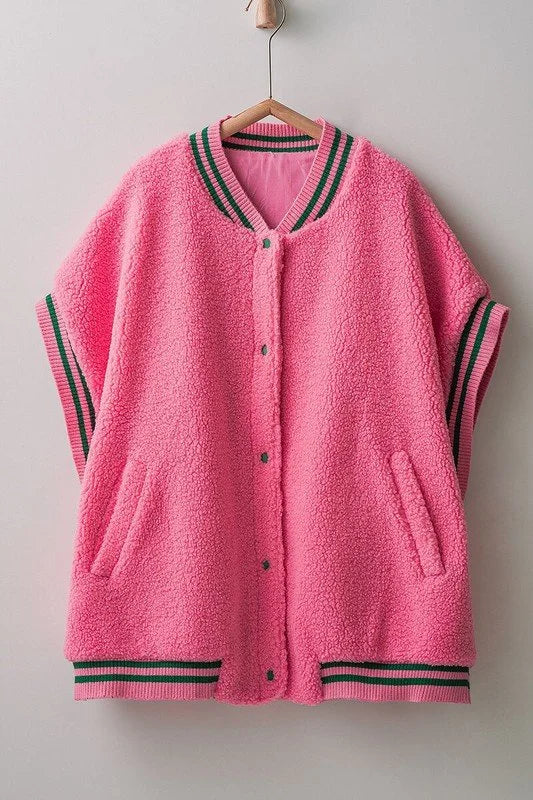 Fuzzy Varsity Vest - Taupe/Pink & Green