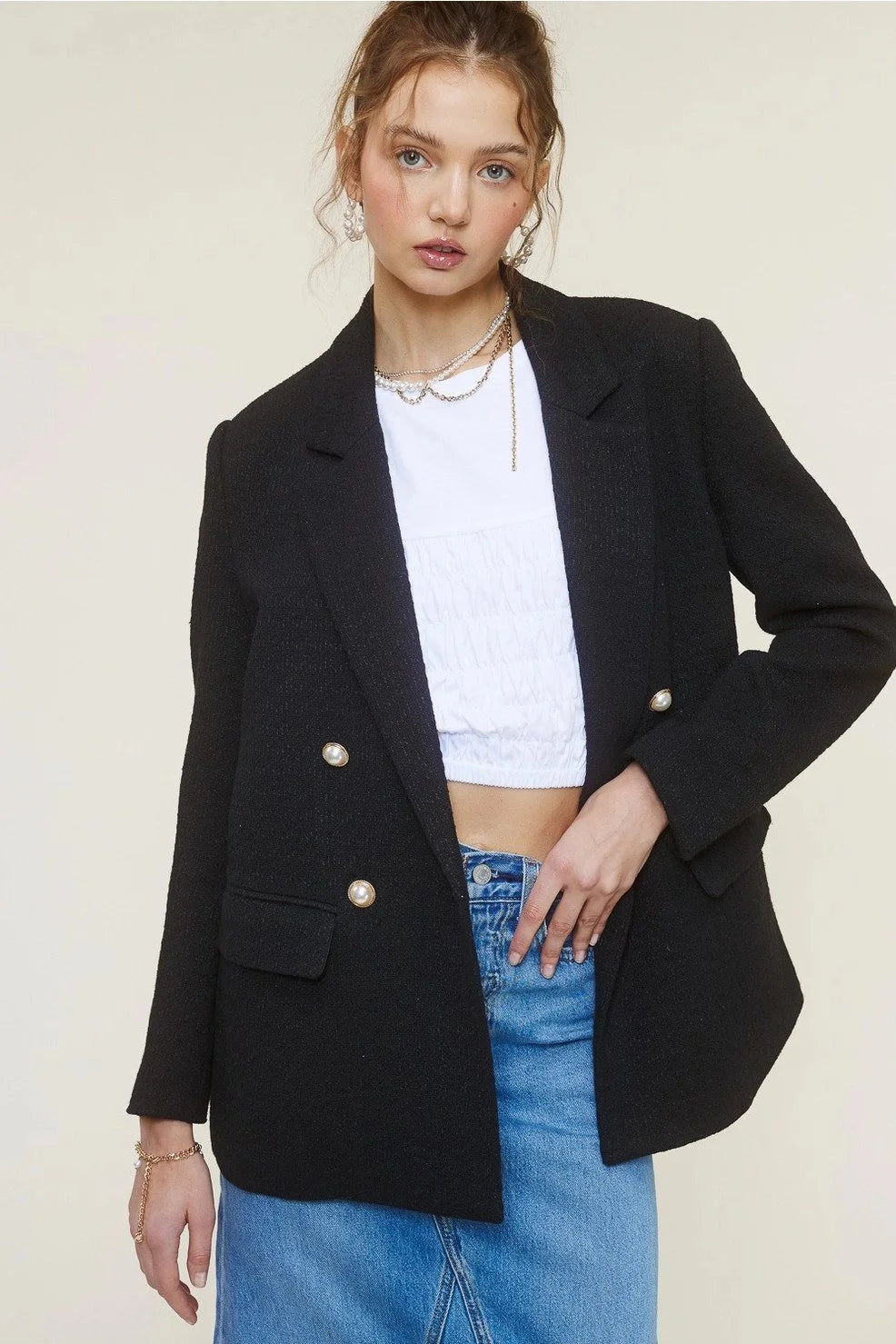 TWEED BLAZER JACKET WITH FAUX PEARL BUTTON CLOSURE