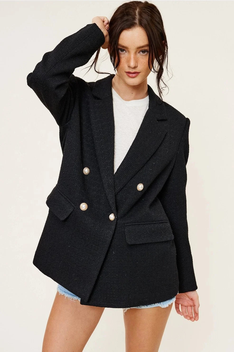 TWEED BLAZER JACKET WITH FAUX PEARL BUTTON CLOSURE