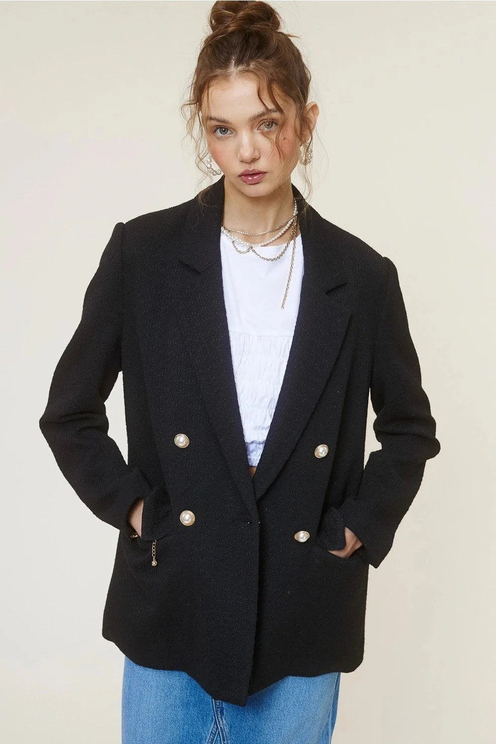 TWEED BLAZER JACKET WITH FAUX PEARL BUTTON CLOSURE
