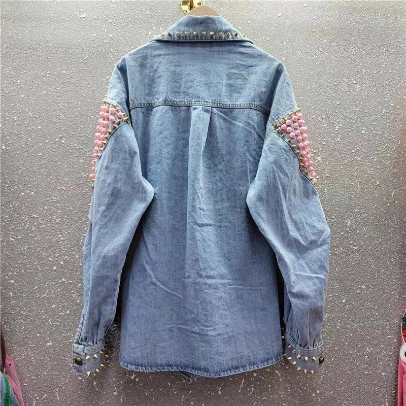 Chic Retro Love-Beaded Denim Jacket
