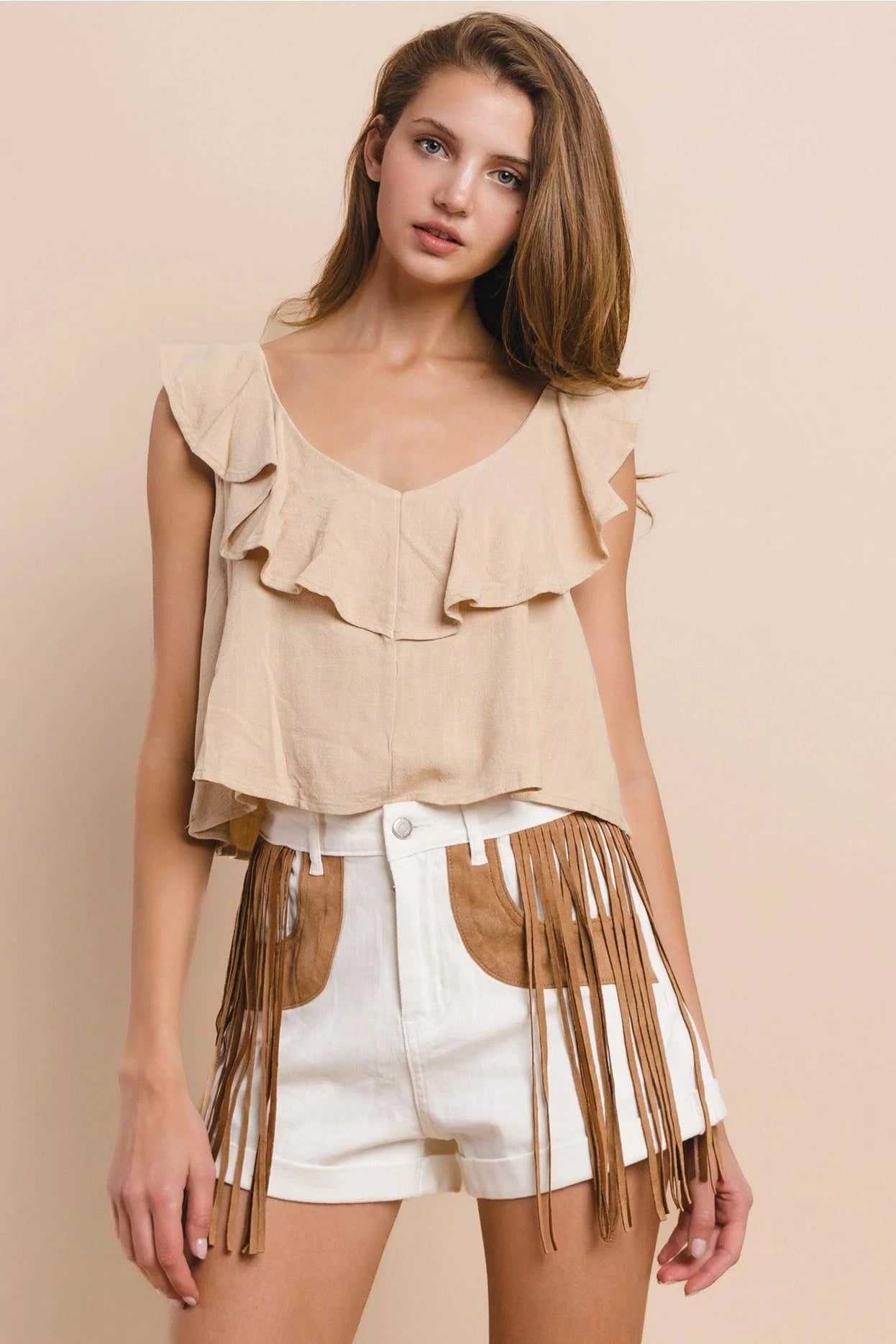 Ruffled Linen Cropped Blouse