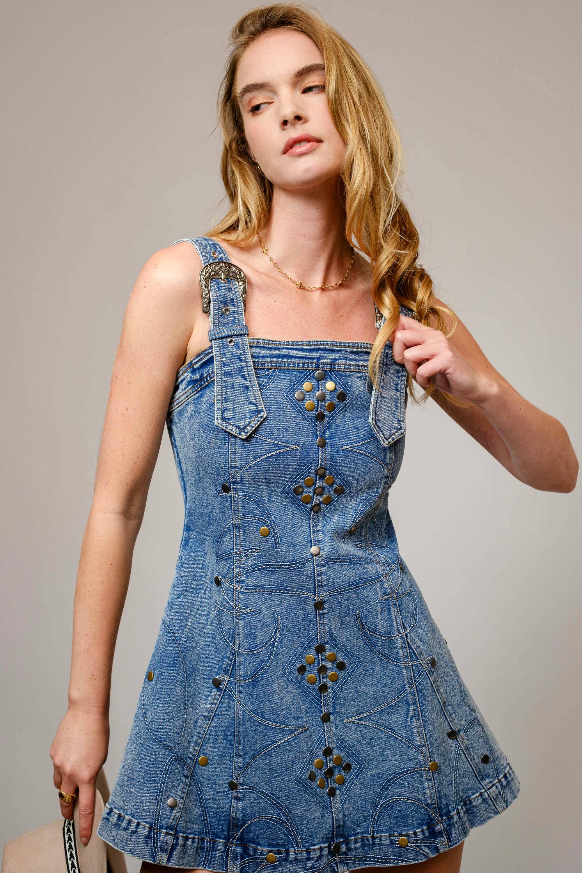 Studded Western Buckle Denim Dress