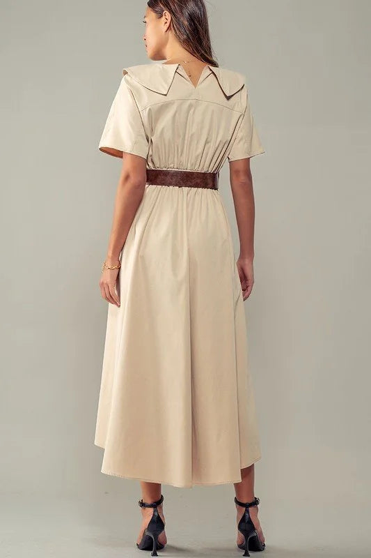 Peter Pan Collar Belted Midi Dress