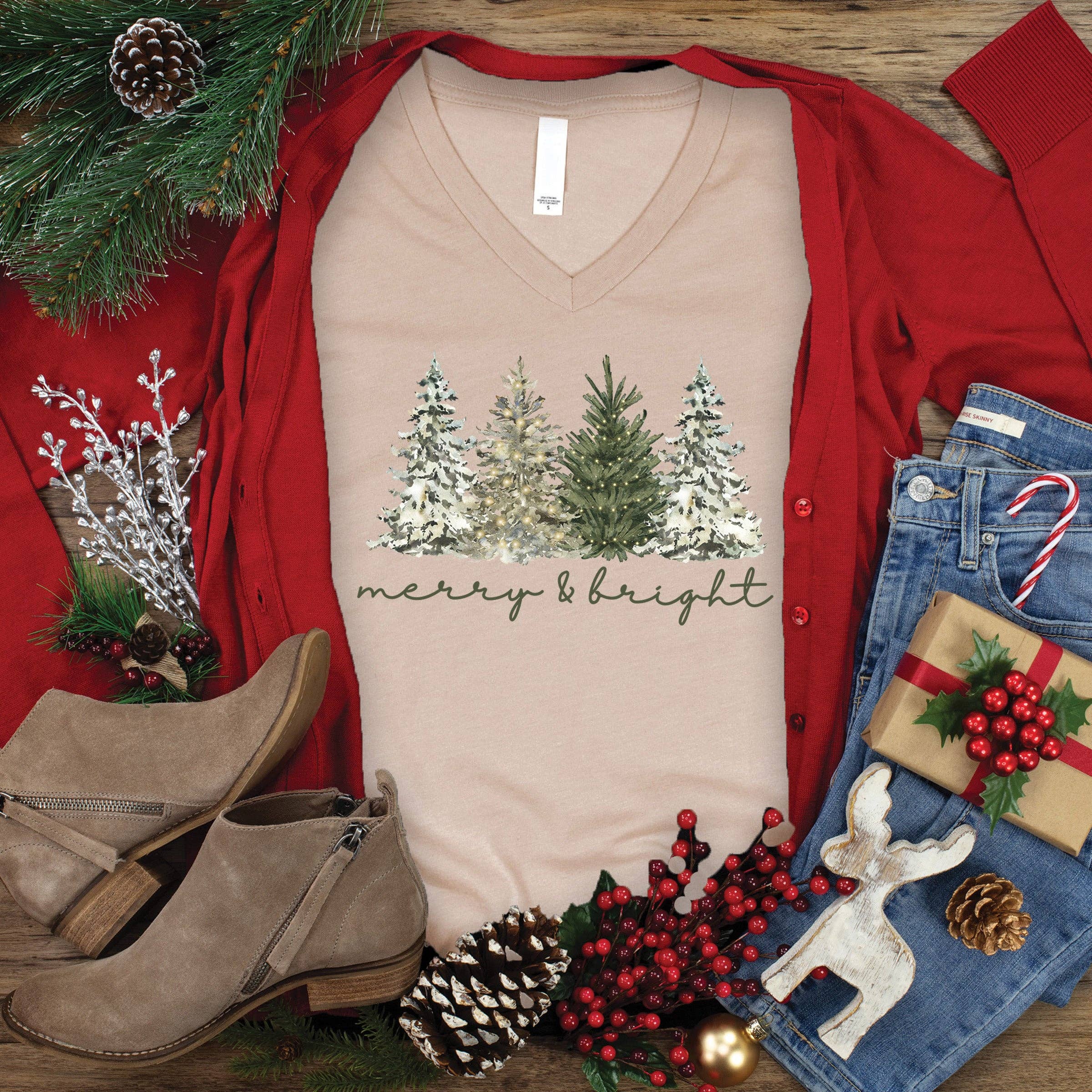 Merry & Bright V-Neck Graphic Tee