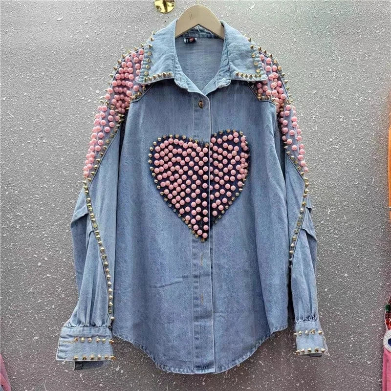 Chic Retro Love-Beaded Denim Jacket