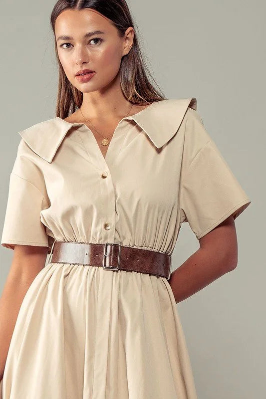 Peter Pan Collar Belted Midi Dress