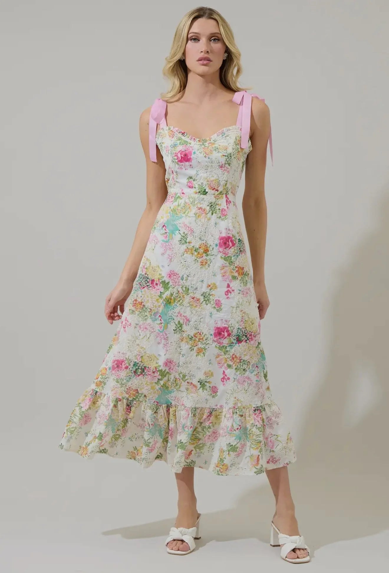 Floral Eyelet Midi Dress - WHITE-MULTI